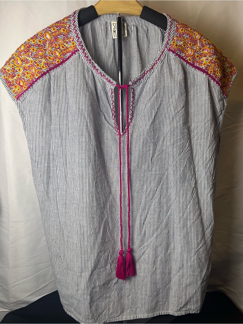 Sister Mary Boho Embroidered Pinstripe Tunic Top L Peasant Hippie Bohemian